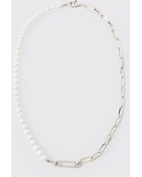 BoohooMAN - Pearl & Chain Necklace In Silver - Lyst