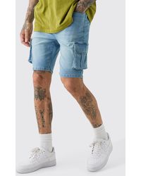 Boohoo - Tall Skinny Stretch Cargo Denim Shorts In Light Wash - Lyst