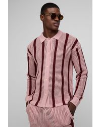 BoohooMAN - Regular Fit Open Stitch Stripe Long Sleeve Knitted Shirt - Lyst