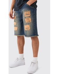 Boohoo - Relaxed Rigid All Over Rips Denim Jorts In Vintage Blue - Lyst