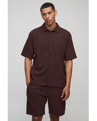 BoohooMAN - Oversized Two-tone Ribbed Jersey Concealed Placket Shirt & Relaxed Short - Lyst