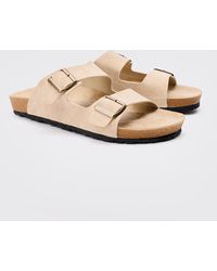 Boohoo - Faux Suede Double Buckle Sandals In Taupe - Lyst