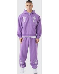 BoohooMAN - Oversized Boxy Cross Embroidered Zip Through Hooded Tracksuit - Lyst