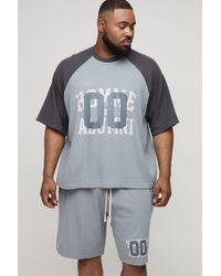 BoohooMAN - Plus Oversized Boxy Raglan Waffle Graphic T-Shirt & Short Set - Lyst