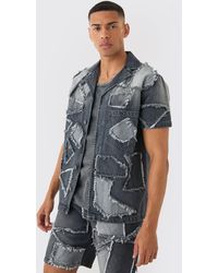 BoohooMAN - Distressed Patchwork Revere Denim Shirt In Charcoal - Lyst