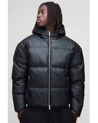 BoohooMAN - Regular Fit Pu Panelled Hooded Puffer Jacket - Lyst