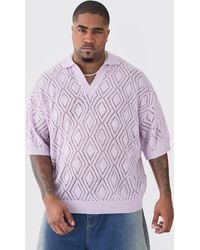 BoohooMAN - Plus Short Sleeve Boxy Fit Revere Open Knit Polo In Lilac - Lyst