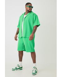 BoohooMAN - Plus Drop Revere Short Sleeve Pleated Shirt & Short In Green - Lyst