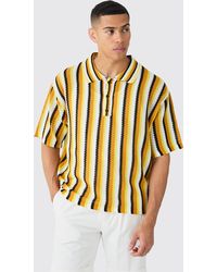 Boohoo - Oversized Boxy Open Stitch Stripe Knit Polo In Yellow - Lyst