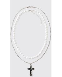 BoohooMAN - Layered Cross And Mock Pearl Necklace - Lyst