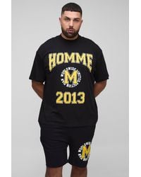 Boohoo - Plus Oversized Extended Neck Varsity Homme Print T-Shirt & Slim Short Set - Lyst
