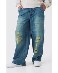 BoohooMAN - Baggy Rigid Dirty Wash Ripped Carpenter Denim Jeans - Lyst