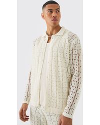 BoohooMAN - Oversized Long Sleeve Crochet Shirt In White - Lyst