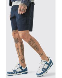 BoohooMAN - Tall Elastic Waist Navy Slim Fit Cargo Shorts - Lyst