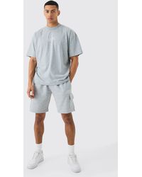 BoohooMAN - Man Oversized Extended Neck T-shirt And Cargo Short Set - Lyst