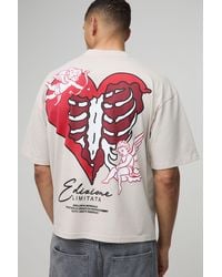 Boohoo - Camiseta Oversize Recta Man Con Cuello Extendido Y Estampado De Corazón Y Esqueleto - Lyst