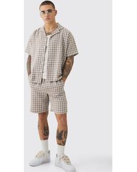 BoohooMAN - Short Sleeve Boxy Linen Look Houndstooth Shirt & Short - Lyst