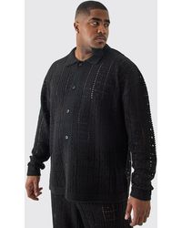 BoohooMAN - Plus Oversized Long Sleeve Crochet Knit Shirt In Black - Lyst