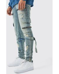 BoohooMAN - Skinny Stretch Zip Multi Strap Cargo Jeans - Lyst