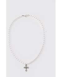BoohooMAN - Pearl Necklace With Cross Pendant In Silver - Lyst