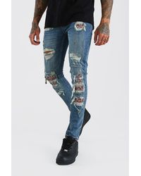 BoohooMAN - Super Skinny Biker Jeans mit Bandana-Print und Rip-Repair-Detail - Lyst