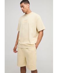 BoohooMAN - Oversized Peached Bm Star Embossed T-Shirt & Drop Crotch Shorts Set - Lyst