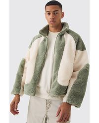 BoohooMAN - Colour Block Borg Jacket In Sage - Lyst