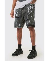 BoohooMAN - Tall Washed Black Paint Splatter Relaxed Fit Short - Lyst