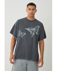 BoohooMAN - Oversized Extended Neck Butterfly Print Wash T-shirt - Lyst