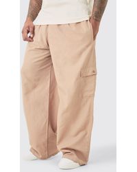 BoohooMAN - Plus Elasticated Waist Oversized Linen Cargo Trouser In Taupe - Lyst