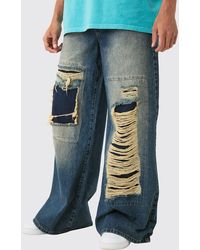 Boohoo - Baggy Rigid Extreme Ripped Denim Jean In Antique Blue - Lyst