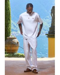 Boohoo - Half & Half Waistband Wide Fit Pleat Front Linen Blend Pants - Lyst