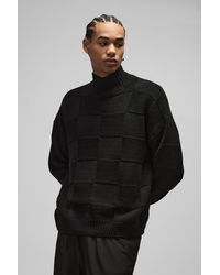 BoohooMAN - Oversized Plaid Funnel Neck Knitted Sweater - Lyst