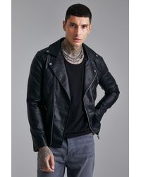 BoohooMAN Leather Look Biker Jacket - Black
