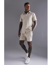BoohooMAN - Short Sleeve Jersey Herringbone Shirt And Short Set - Lyst