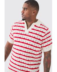 BoohooMAN - Plus Short Sleeve Regular Crochet Knit Stripe Polo In Red - Lyst