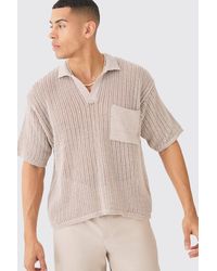 BoohooMAN - Oversized Boxy Open Stitch Polo With Pocket In Stone - Lyst