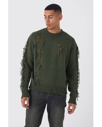 BoohooMAN - Oversized Distressed Sleeve Knitted Jumper - Lyst