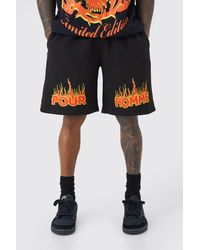 BoohooMAN - Oversize Jersey-Shorts mit Pour Homme Flammen-Print - Lyst