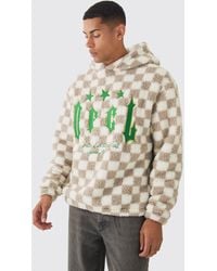 BoohooMAN - Oversized Ofcl Graphic Applique Checkerboard Teddy Borg Hoodie - Lyst