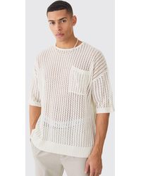 BoohooMAN - Oversized Open Stitch Tshirt With Pocket In Ecru - Lyst