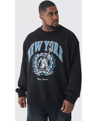 BoohooMAN - Plus New York Print Oversized Extended Neck Sweatshirt In Black - Lyst