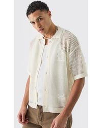 Boohoo - Short Sleeve Boxy Open Stitch Varsity Knit Shirt In Ecru - Lyst