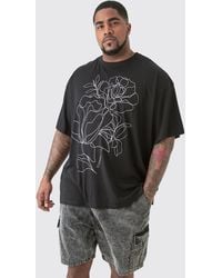 BoohooMAN - Plus Mono Floral Stencil Printed T-shirt In Black - Lyst