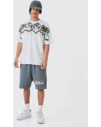 BoohooMAN - Oversized Extended Neck Graffiti Large Graphic Shorts Set - Lyst