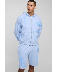BoohooMAN - Oversized Boxy Gothic M Cross Print Hooded Zip Through Short Tracksuit - Lyst