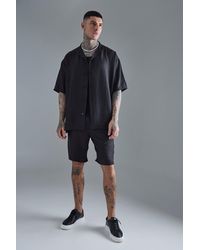 BoohooMAN - Tall Short Sleeve Oversized Linen Shirt & Short Set In Black - Lyst
