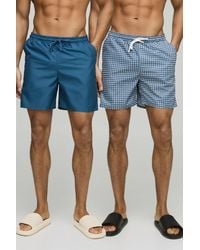 BoohooMAN - 2 Pack Micro Plaid And Plain Mid Length Swim Trunks - Lyst