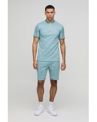 BoohooMAN - Slim Fit Pique Interlock Bomber Neck Polo Shirt Smart Short Set - Lyst