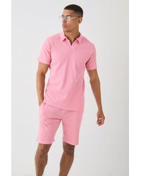 BoohooMAN - Slim Waffle Revere Polo And Shorts Set - Lyst